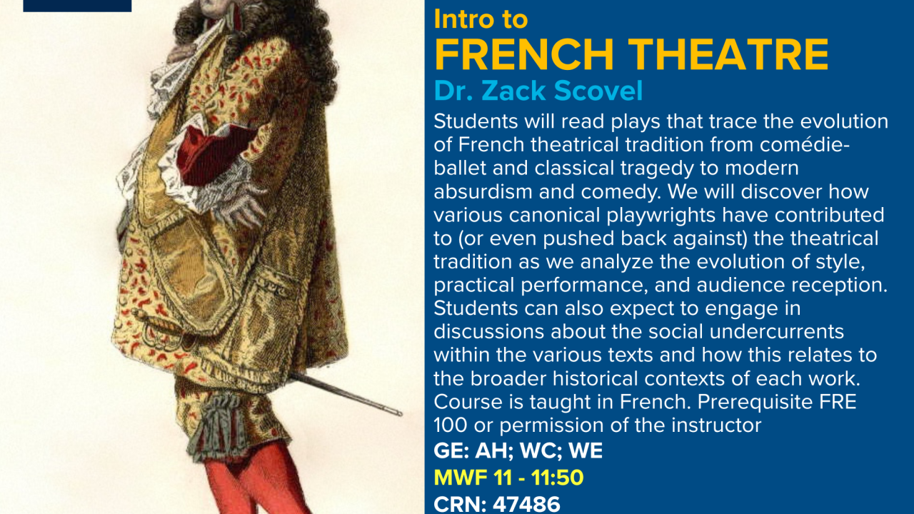 Graphic poster for FRE 102 showing ornate 17th-century actor in ruffled collar and red shoes