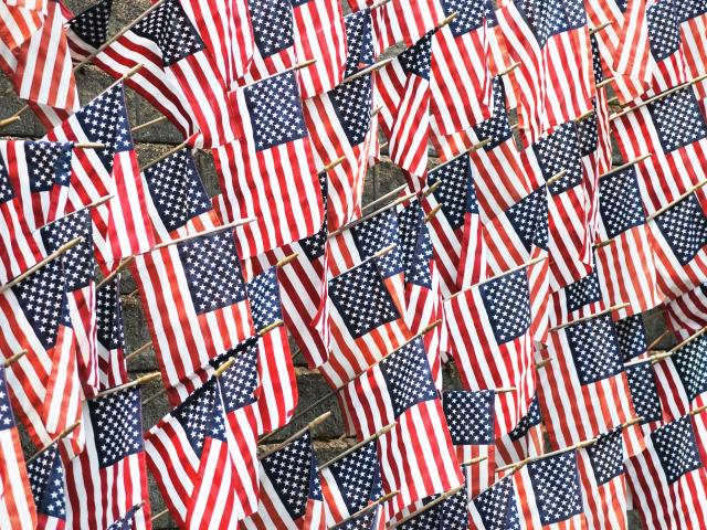American flags on a wall