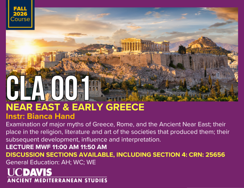 Sunset photo of the Acropolis and Parthenon with UC Davis course title overlay