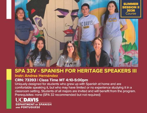 Seven students smiling in front of a colorful mural, UC Davis Spanish course ad