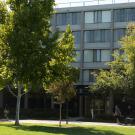 Campus courtyard photo with green lawn, trees, and people sitting near a modern building